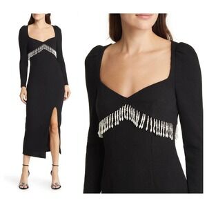 SAYLOR Alina Ribbed Imitation Pearl Fringe Long Sleeve Midi Dress (S)